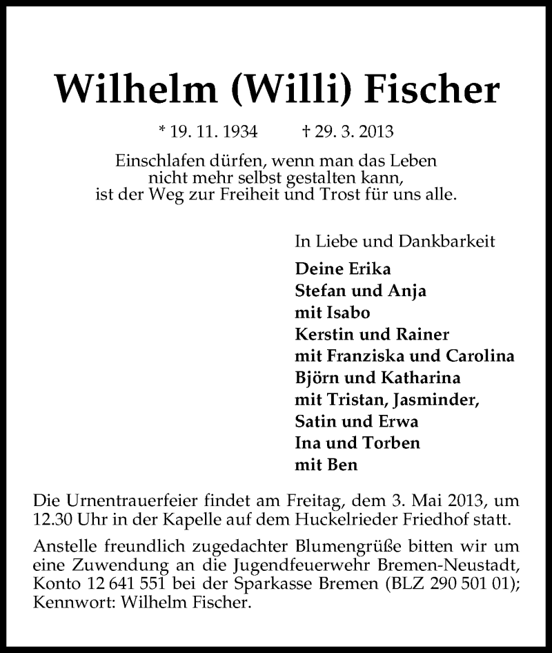 Traueranzeige von Wilhelm Willi Fischer  von WESER-KURIER